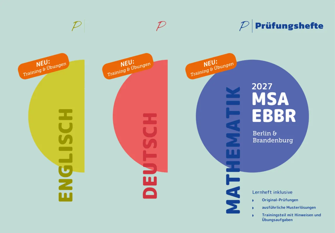 Cover der Prüfungshefte Berlin MSA Mathe, Deutsch und Englisch 2027