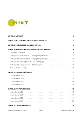 Prüfungsheft Realschule 2027 Hessen – Englisch - Inhaltsverzeichnis